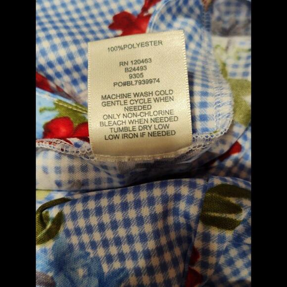 Blair 2XL Blue White Checked floral pullover top Square neck short Sleeve - Picture 7 of 10